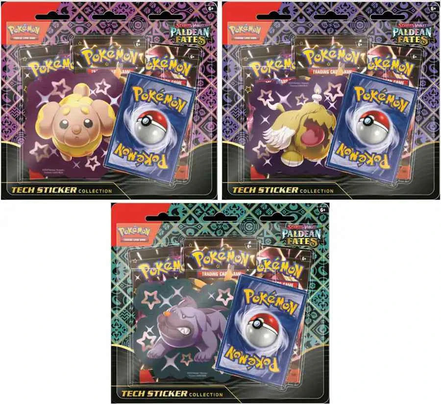 Pokemon TCG Paldean Fates 3 Pack Sticker Collection Set with Shiny Fidough, Greavard, Maschiff Promo Card and Booster Packs - Tall Grass Grabs