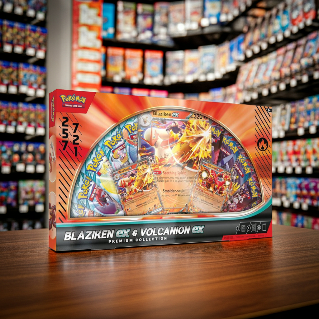 Blaziken ex Volcanion ex Premium Box - Ultimate Collector's Set with Promo Cards, Booster Packs & Game Accessories - Tall Grass Grabs
