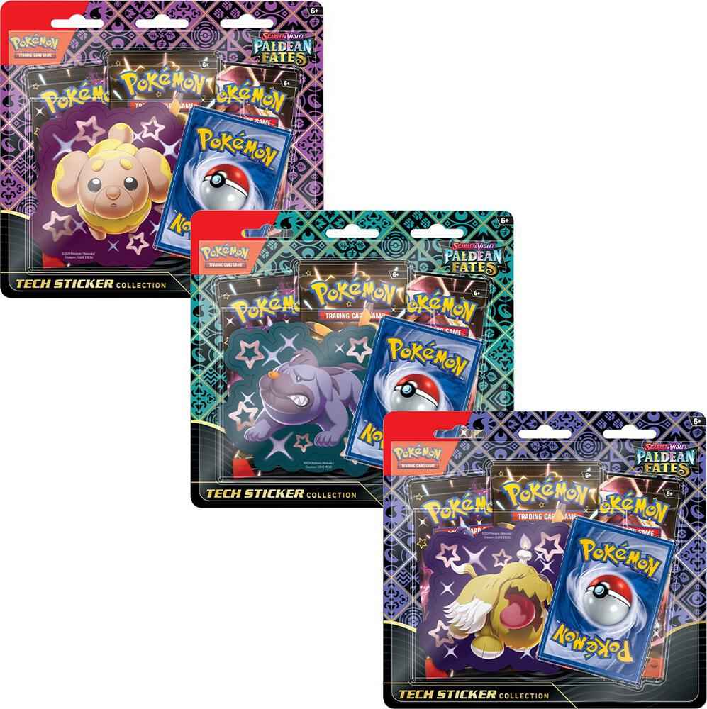 Pokemon TCG Paldean Fates 3 Pack Sticker Collection Set with Shiny Fidough, Greavard, Maschiff Promo Card and Booster Packs - Tall Grass Grabs