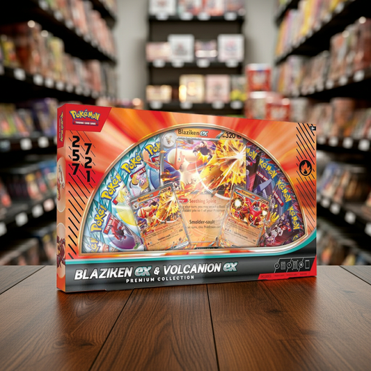 Blaziken ex Volcanion ex Premium Box - Ultimate Collector's Set with Promo Cards, Booster Packs & Game Accessories - Tall Grass Grabs